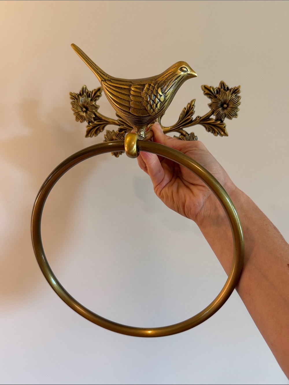 Brass Bird Towel Ring - Floral Wall Accent